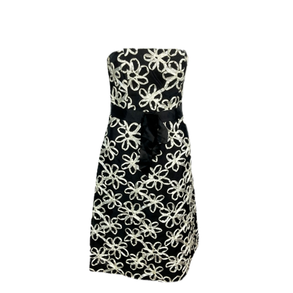 Tibi Dress Womens Sz 2 Black White Strapless Silk Ribbon Textured Floral Belted
